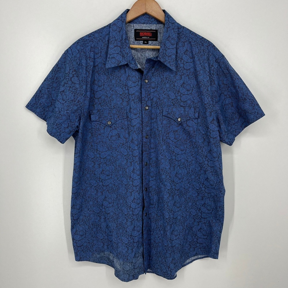 Rock and Roll Denim Mens XL Blue Paisley Short Sleeve Snap Western Shirt